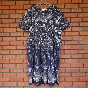 Only Necessities Blue Dark Floral Print Patio House Dress 3X 30/32 100% Cotton